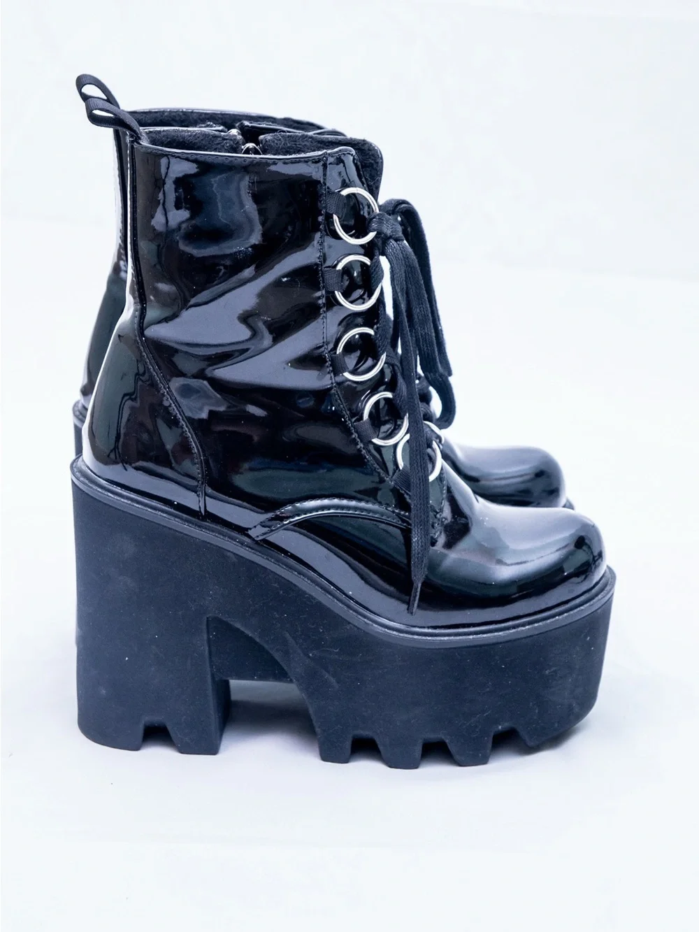 Platform Lace-Up Ankle Boots - Black